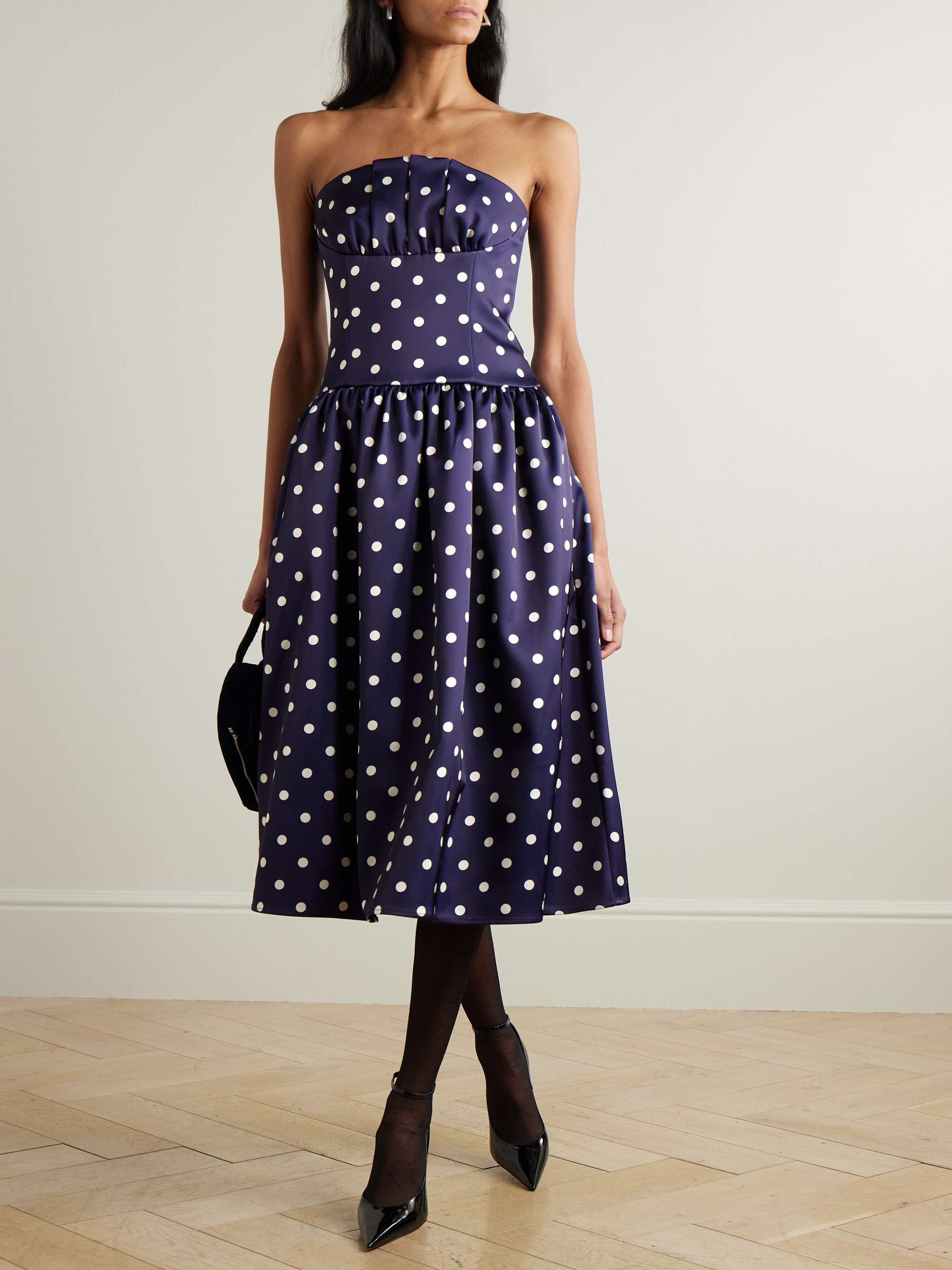 Strapless Pleated Polka-Dot Satin Midi Dress