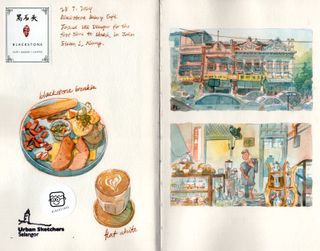 Artist sketchbook; watercolour sketches of an oriental cafe