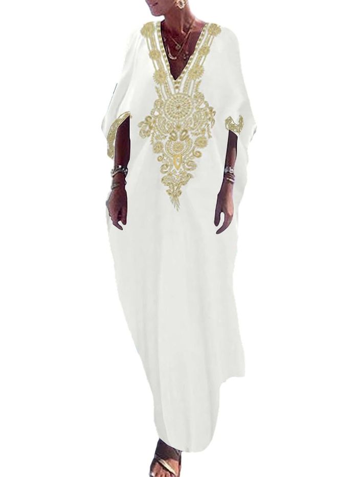 Bsubseach, Bsubseach Gold Embroidery Long Kaftan Dresses V Neck Caftan Dress Beach Cover Up for Women White