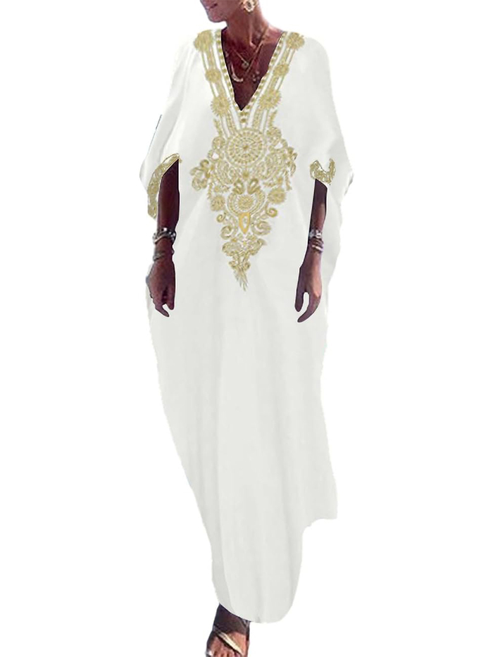 Bsubseach, Bsubseach Gold Embroidery Long Kaftan Dresses V Neck Caftan Dress Beach Cover Up for Women White
