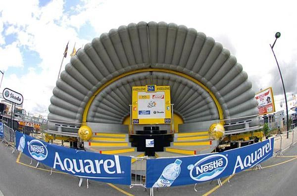 The inflatable podium moves from town to town with the Tour