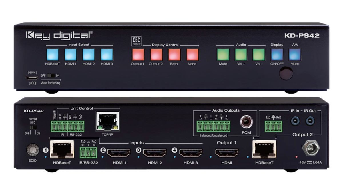 Key Digital has introduced the KD-PS42, a new 4K/18G presentation switcher with four inputs, two mirrored outputs, auto switching, audio de-embed, IR, RS-232, IP, and CEC Manager. 