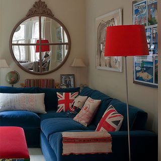 living room with blue sofa set