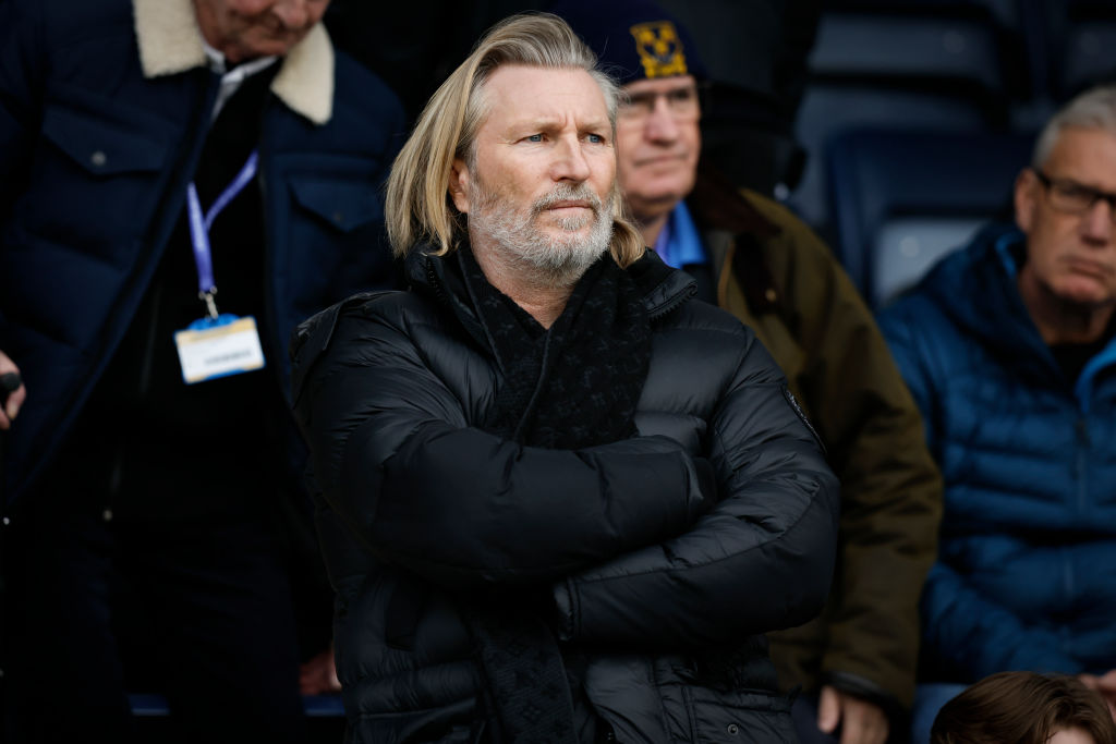 BBC Sports presenter Robbie Savage attends the game during the Sky Bet League One between Shrewsbury Town and Forest Green
