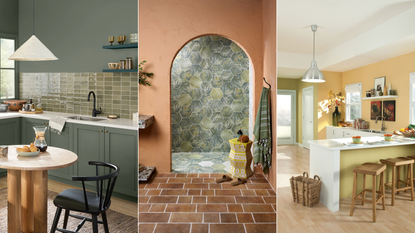 Three interiors using the Sherwin-Williams herbal apothecary color palette or similar shades.