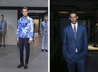Two side-by-side photos of male models wearing looks from Brioni's collection. In the first photo there is a model wearing a blue and white jacket, dark blue trousers and black shoes. In the background there are two models wearing blue tops, grey jackets, grey trousers and black shoes. In the second photo there is a model wearing a white shirt, tie and blue suit