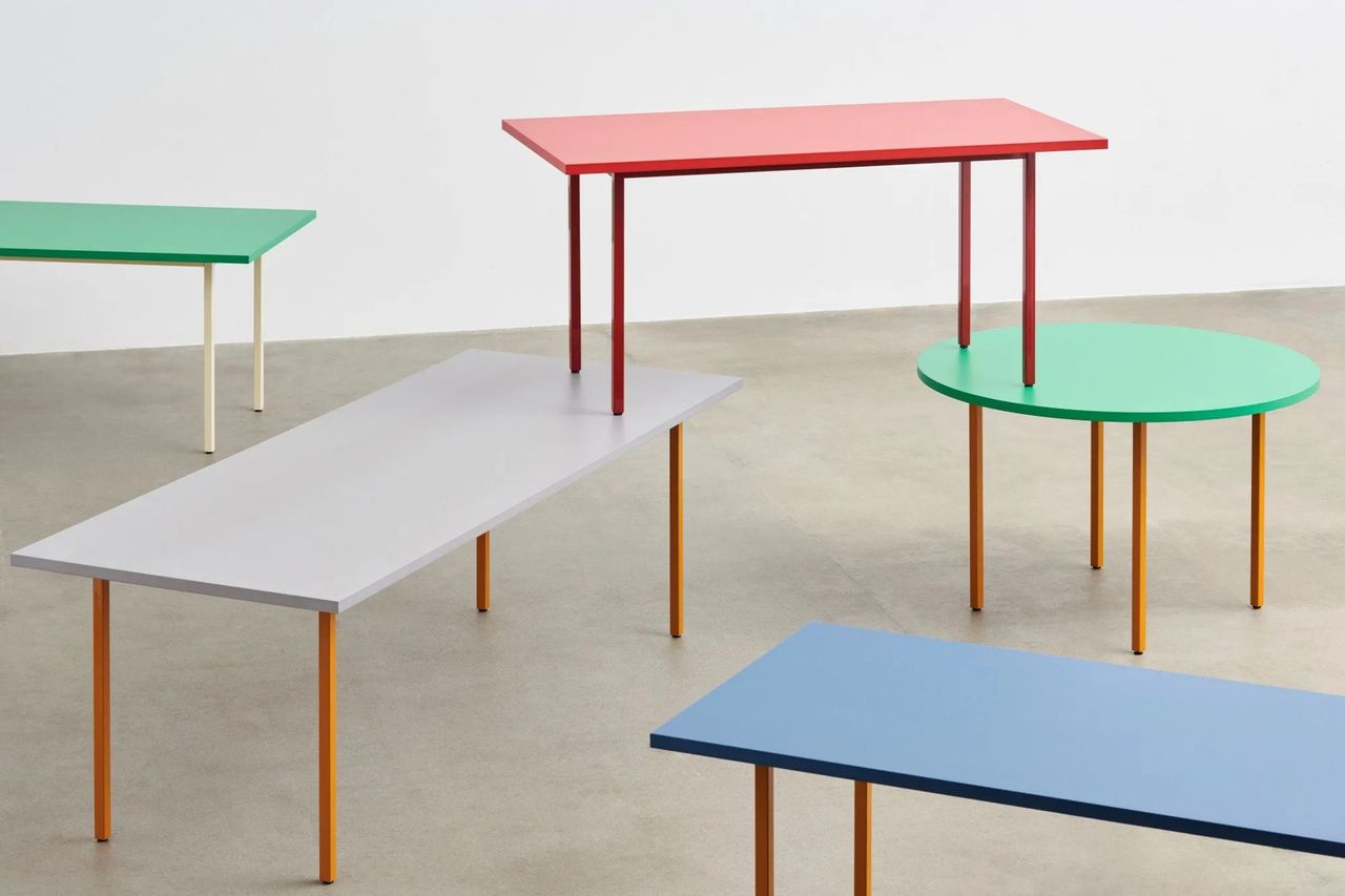 stacked colourful tables