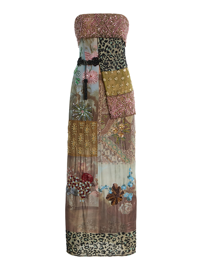 STAUD, Chateau Beaded Patchwork Chiffon Midi Dress