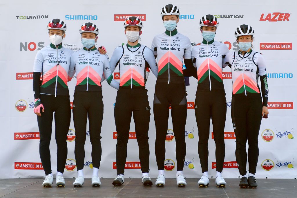 BERG NETHERLANDS APRIL 18 Start Podium Belle De Gast of Netherlands Nina Buysman of Netherlands Mischa Bredewold of Netherlands Pien Limpens of Netherlands Julia Van Bokhoven of Netherlands Marit Raaijmakers of Netherlands and Parkhotel Valkenburg Team during the 7th Amstel Gold Race 2021 Womens Elite a 1163km race from Valkenburg to Berg en Terblijt Mask Covid safety measures Team Presentation Amstelgoldrace amstelgoldrace UCIWWT on April 18 2021 in Berg Netherlands Photo by Luc ClaessenGetty Images