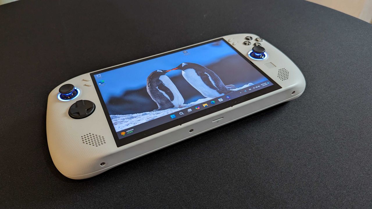 A Lenovo Legion Go S with Windows lying flat on a deks.