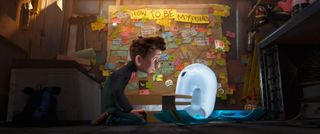 Ron's Gone Wrong: Barney sits in front of a heavily-decorated pinboard with 'How To Be My Friend' at the top as he explains friendship to his new robot Ron