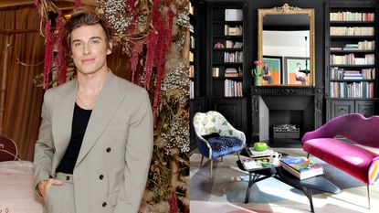 A picture of Jeremiah Brent next to an image of a bold colored living room