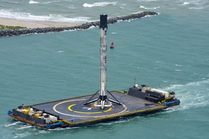 The first stage of the SpaceX Falcon 9 rocket that launched the Demo-2 mission on May 30, 2020, arrives in Florida's Port Canaveral on June 2, 2020.