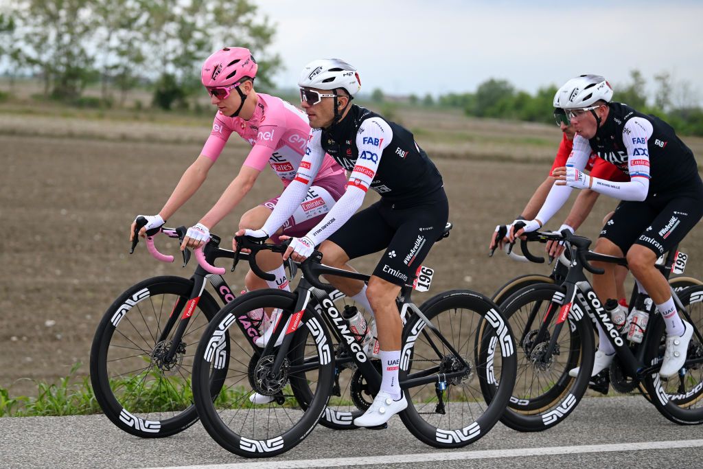 FOSSANO ITALY MAY 06 Tadej Pogacar of Slovenia and UAE Team Emirates Pink Leader Jersey cools down during the 107th Giro dItalia 2024 Stage 3 a 166km stage from Novara to Fossano 374m UCIWT on May 06 2024 in Fossano Italy Photo by Dario BelingheriGetty Images