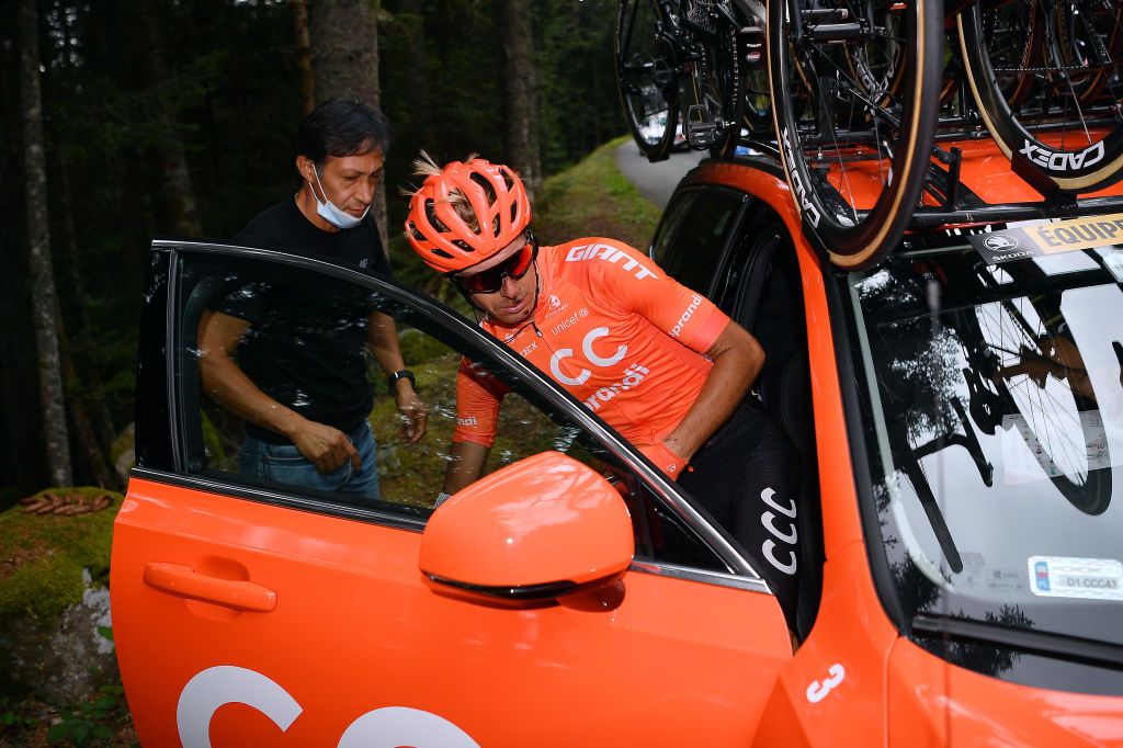 SAINT CHRISTO EN JAREZ FRANCE AUGUST 12 Jan Hirt of Czech Republic and CCC Team Crash Injury Abandon during the 72nd Criterium du Dauphine 2020 Stage 1 a 2185km stage from Clermont Ferrand to Saint Christo en Jarez 752m dauphine Dauphin on August 12 2020 in Saint Christo en Jarez France Photo by Justin SetterfieldGetty Images