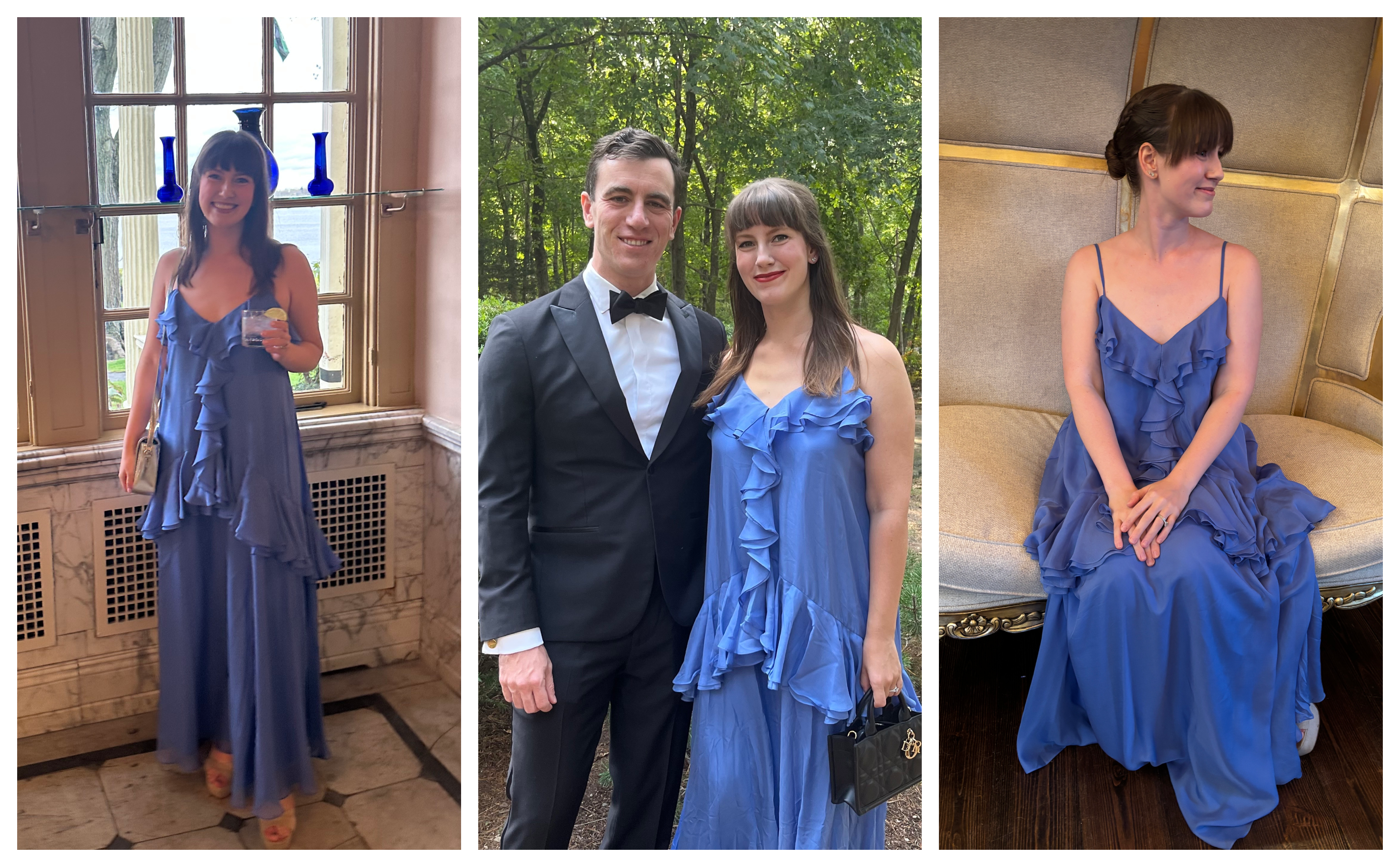 Halie LeSavage wearing a Delphine wedding guest dress to different weddings
