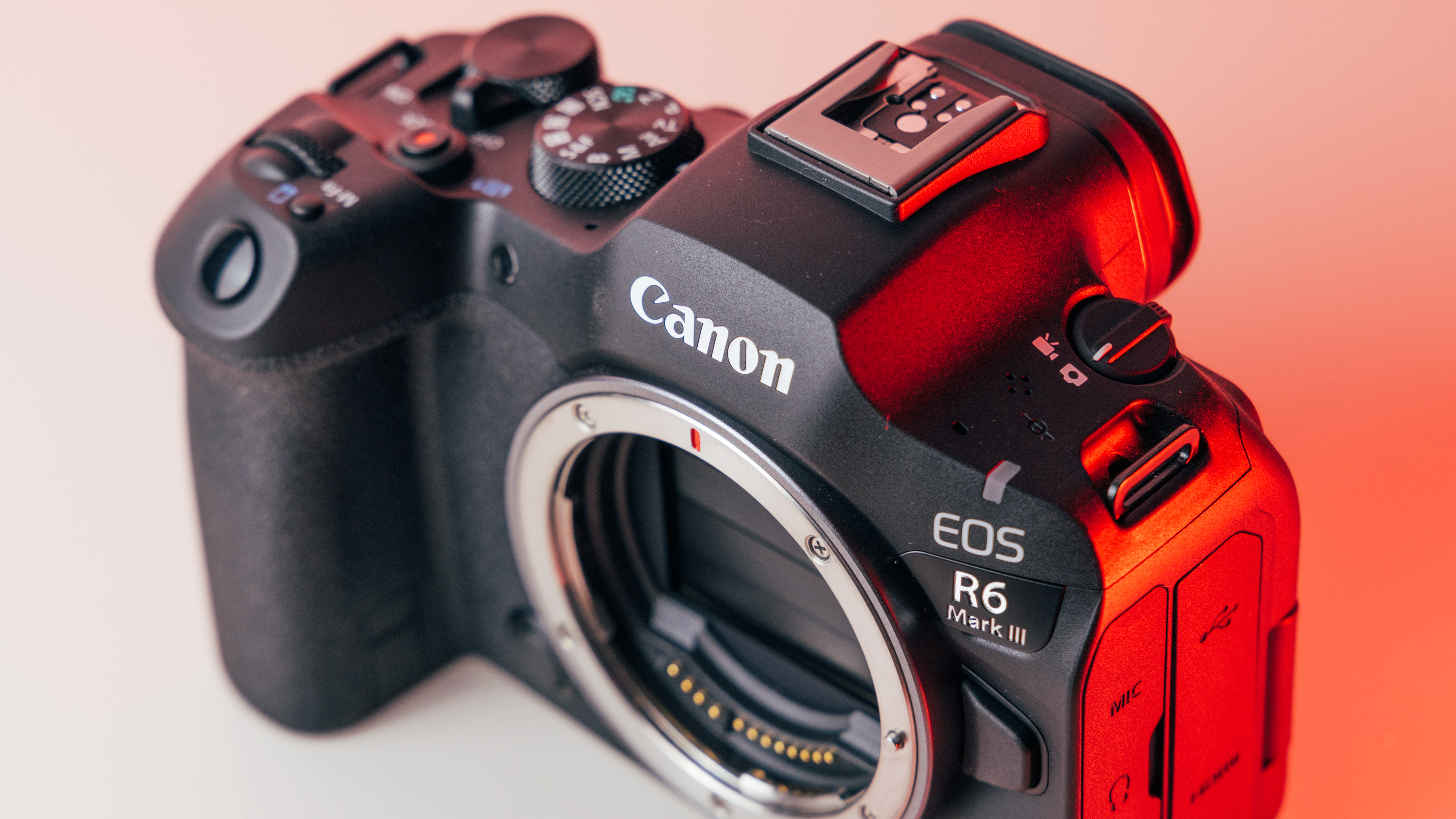 A shot of the R6 Mark III from above, showing the viewfinder housing, hotshoe, and control layout.
