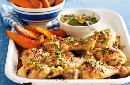 Chicken drumsticks with sweet potato wedges and chimichurri