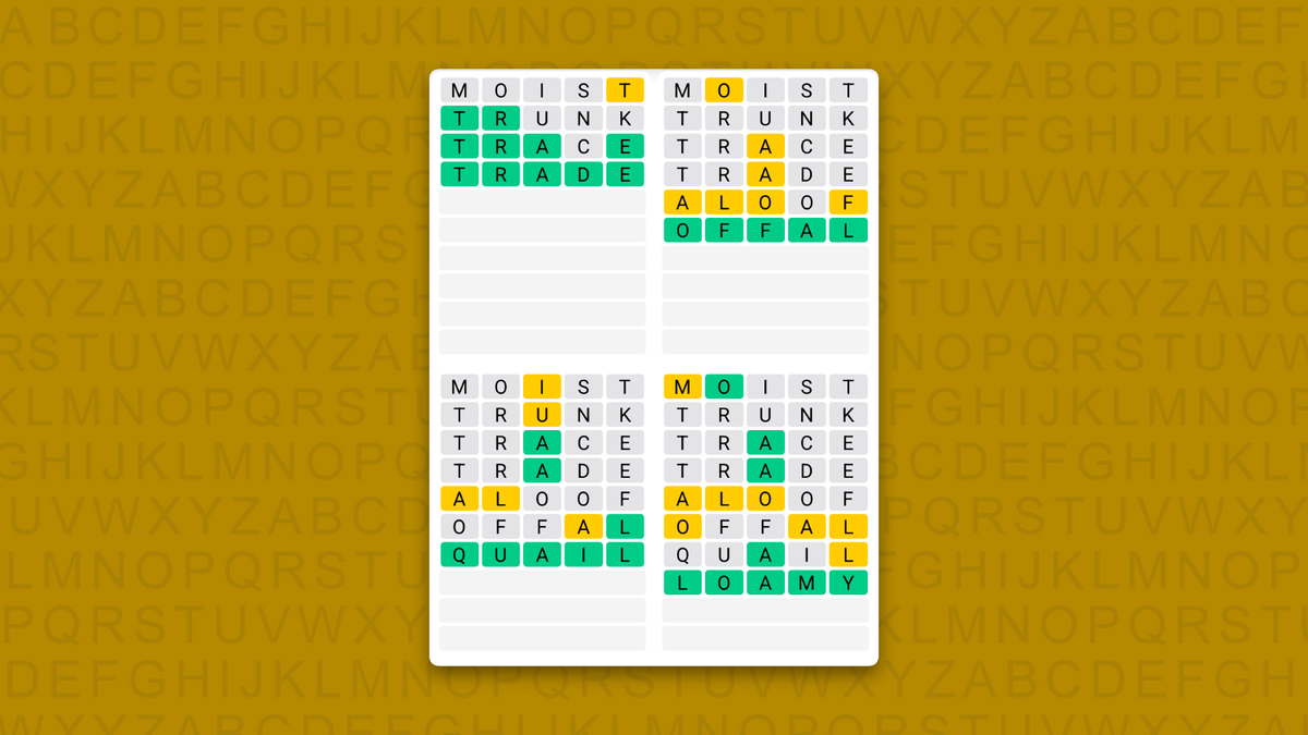 Quordle Daily Sequence answers for game 1733 on a yellow background