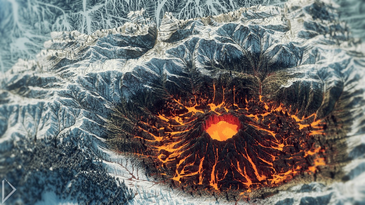 A Minecraft build showing a giant volcano