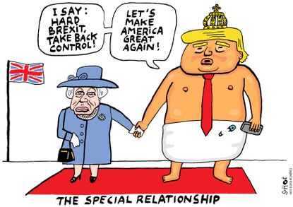 Political Cartoon U.S. Trump Queen Elizabeth Great Britain Brexit MAGA