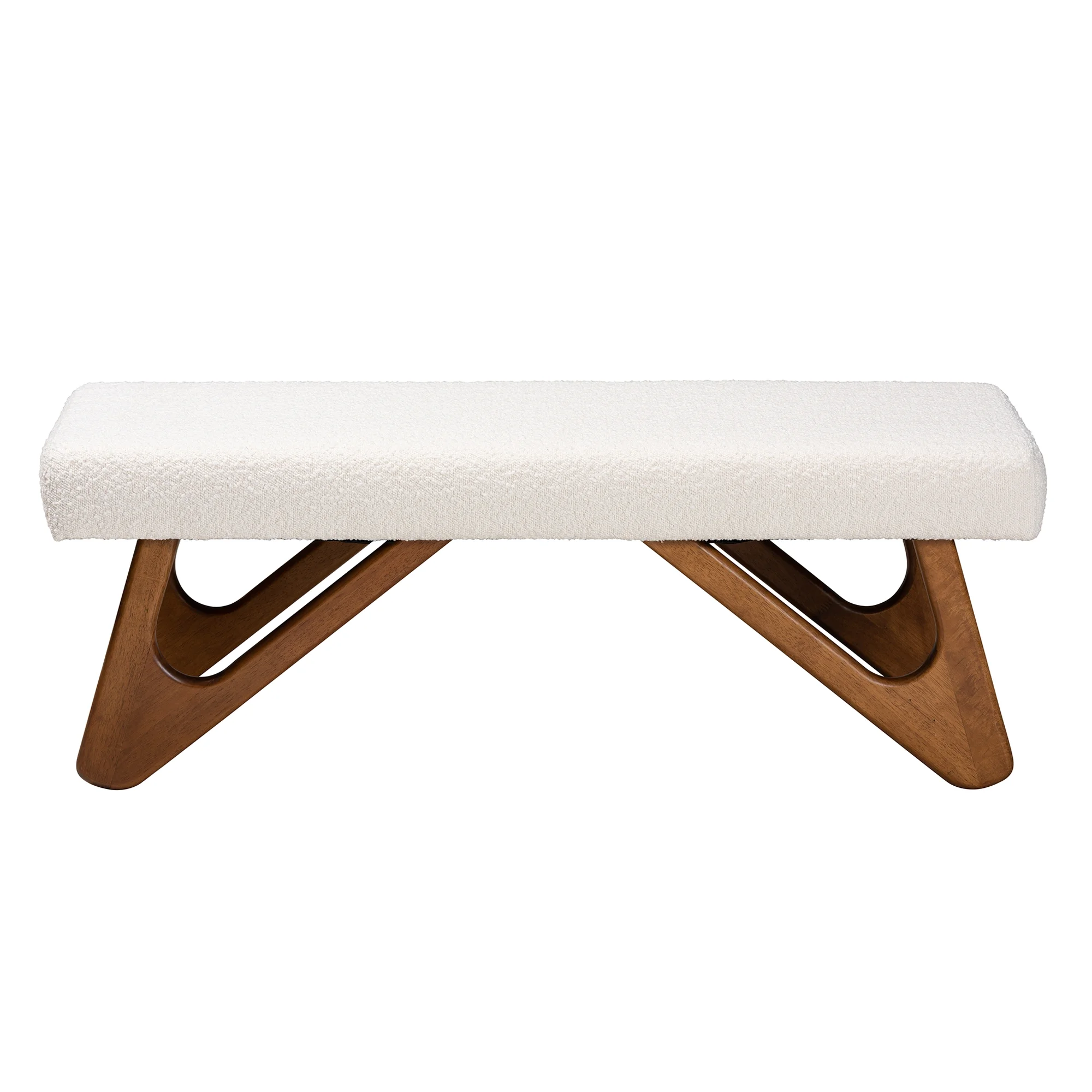 entryway bench with white boucle upholstery and wood legs