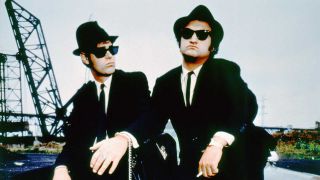 Dan Aykroyd and John Belushi on the set of The Blues Brothers