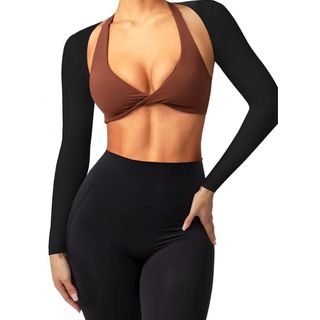 model wearing amazon pilates shrug