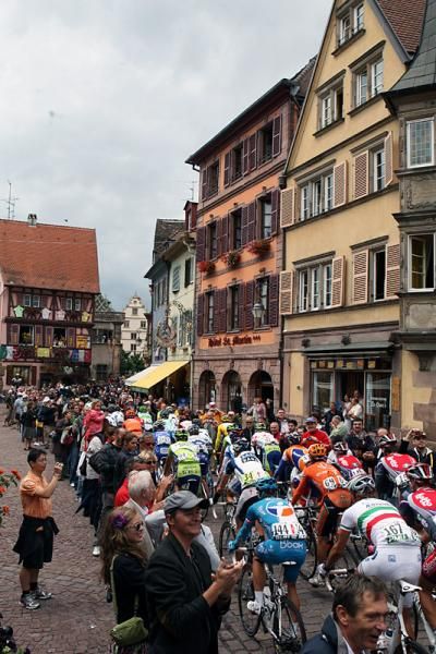 The peloton makes its way through the streets of Colmar.