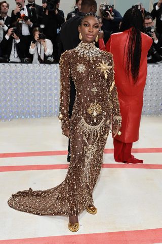 Michaela Coel in a sheer embellished gown on the Met Gala 2023 red carpet