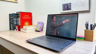 Lenovo Flex 5i Chromebook Plus review unit on a desk