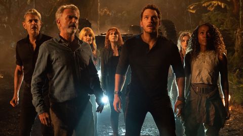 The main cast of Jurassic World: Dominion stare up at an off-screen dinosaur