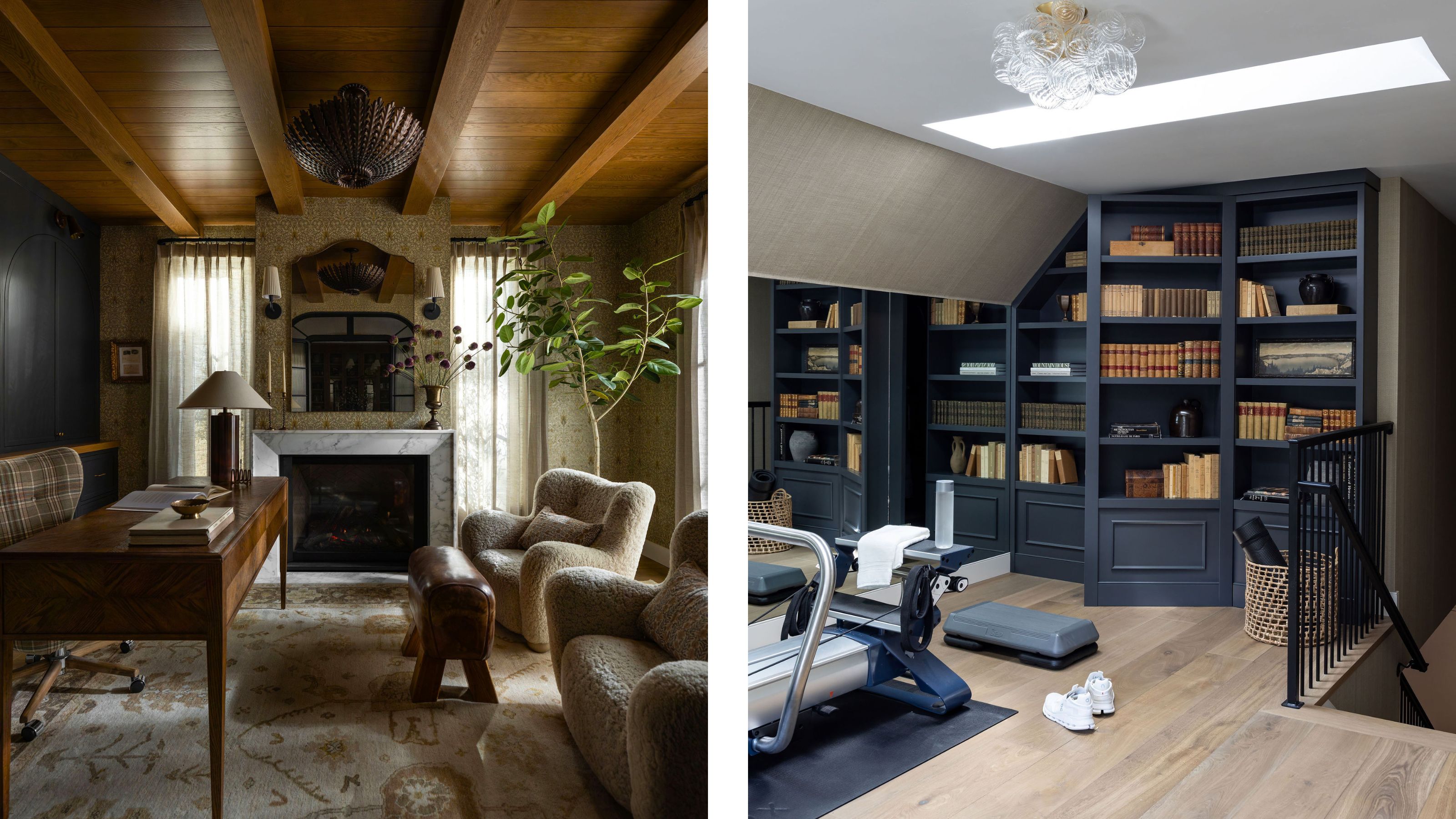 two side by side images of a layered home office with floral wallpaper and a wooden ceiling with a navy painted home gym complete with hidden bookcase wall/door
