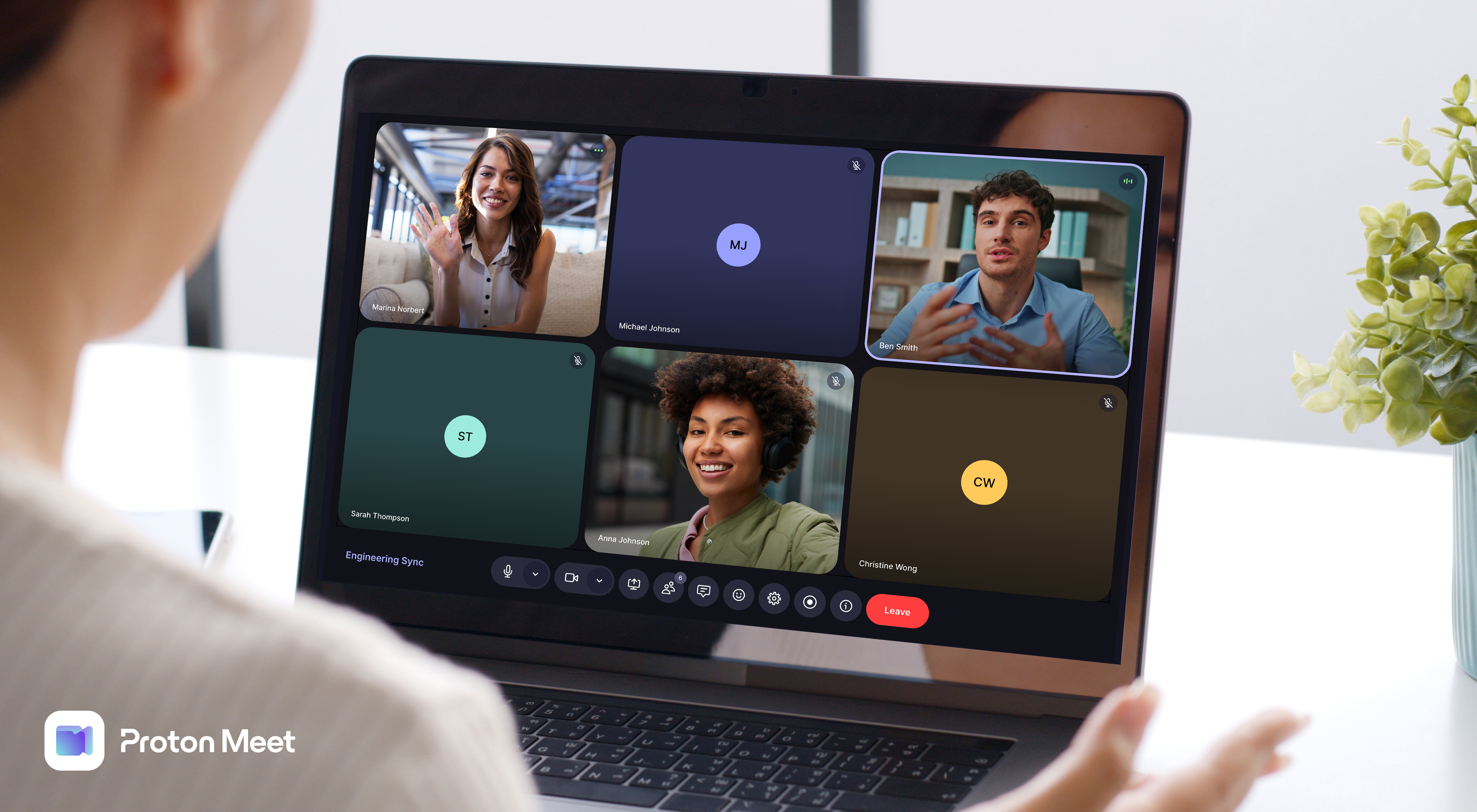 Promotional images for Proton Meet, the Proton Workspace video conferencing platform, showing users in a video call on desktop app.