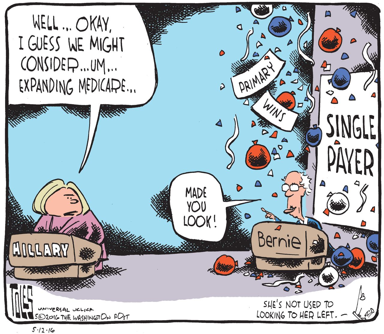 Political Cartoon U.S. Bernie Hillary Left 2016