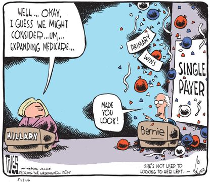 Political Cartoon U.S. Bernie Hillary Left 2016