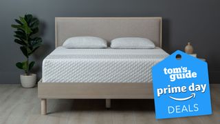 The Leesa Sapira Mattress photographed on a beige fabric bedframe is on sale this Amazon Prime Day