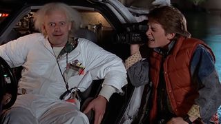 Doc and Marty inside the DeLorean in Back to the Future