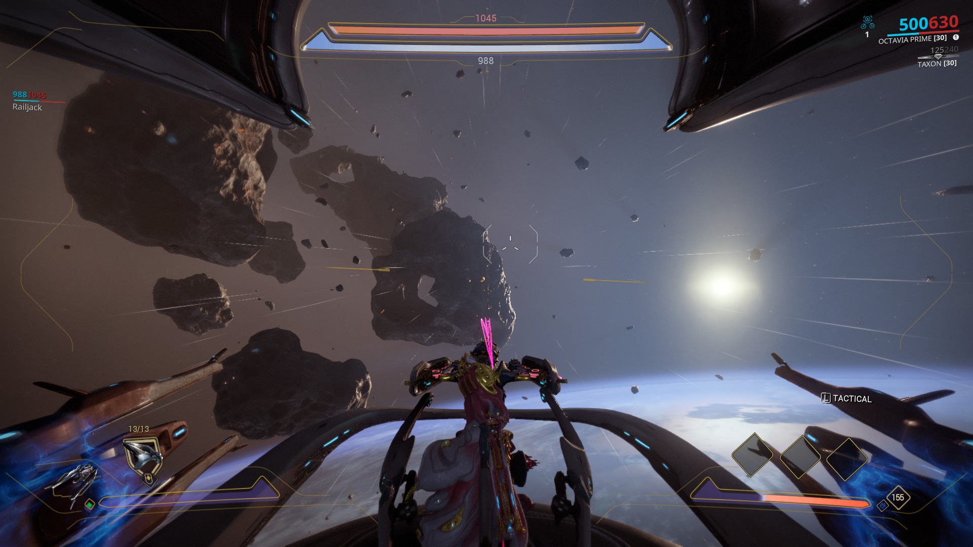 Spaceship combat in Warframe.