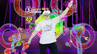 Screenshot of Samba De Amigo with a reviewer's dance pose imposed on top of it
