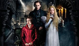 Jessica Chastain, Tom Hiddleston, and Mia Wasikowska stand for a creepy family portrait in Crimson Peak.