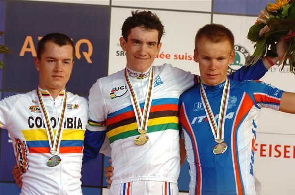 The World Championships Under-23 podium: Betancur Gomez Carlos Alberto (2nd, Colombia), Romain Sicard (1st, France) and Egor Silin (3rd, Russia)