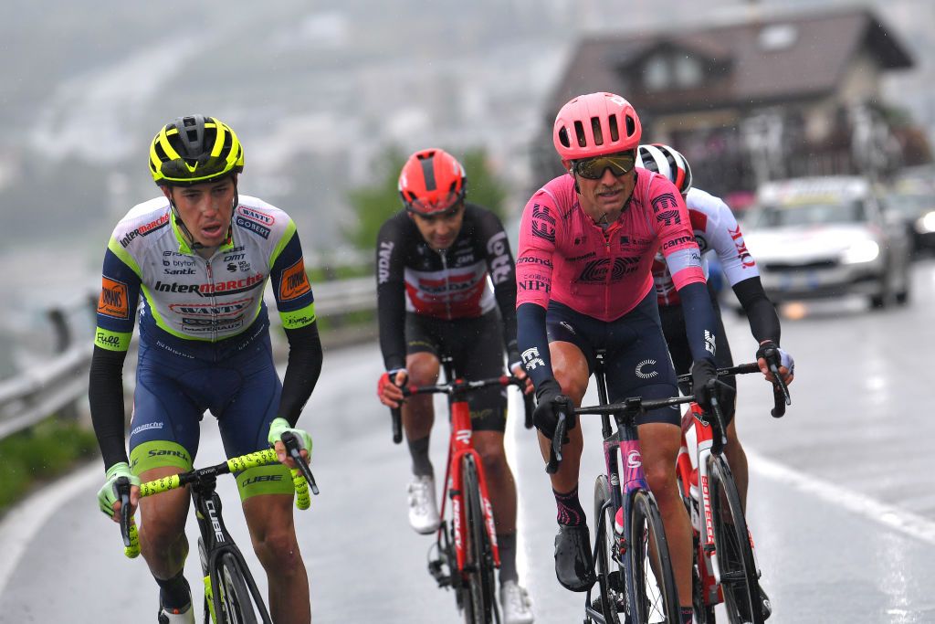THYON 2000 LES COLLONS SWITZERLAND MAY 01 Simone Petilli of Italy and Team Intermarch Wanty Gobert Matriaux Magnus Cort Nielsen of Denmark and Team EF Education Nippo in the Breakaway during the 74th Tour De Romandie 2021 Stage 4 a 1613km stage from Sion to Thyon 2000 Les Collons 2076m TDR2021 TDRnonstop UCIworldtour on May 01 2021 in Thyon 2000 Les Collons Switzerland Photo by Luc ClaessenGetty Images