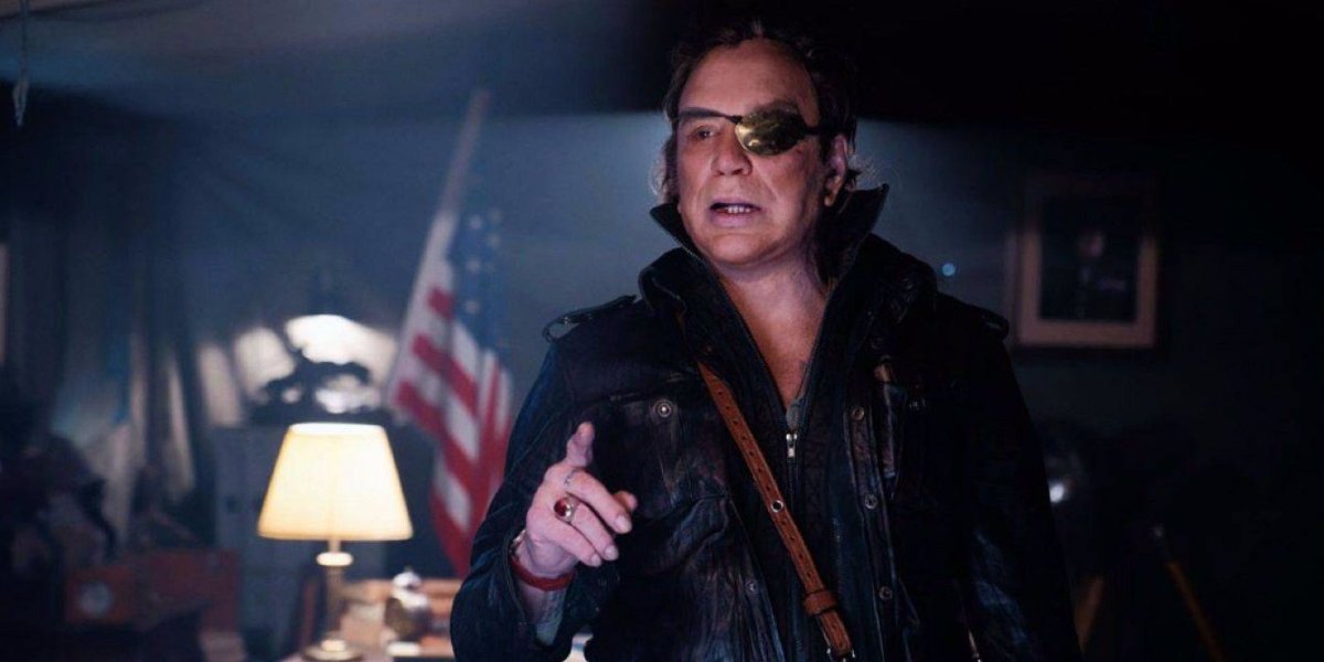 Warhunt Mickey Rourke in a dimly lit office, wearing an eyepatch