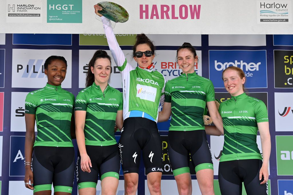 HARLOW ENGLAND JUNE 07 Christine Majerus of Luxembourg and Team SD Worx green queen of the mountains jersey celebrates at podium during the 8th The Womens Tour 2022 Stage 2 a 921km stage from Harlow to Harlow WomensTour UCIWWT on June 07 2022 in Harlow England Photo by Justin SetterfieldGetty Images