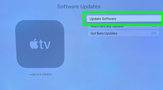 tvOS update process at the Software Updates page with Update Software highlighted