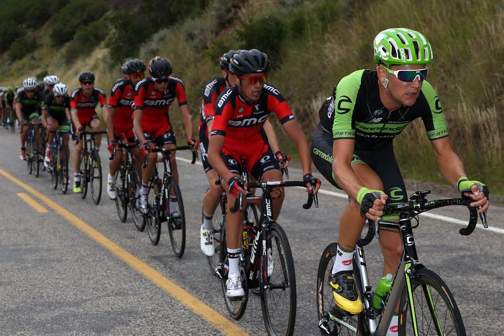Ted King (Cannondale-Garmin) on the front of the peloton