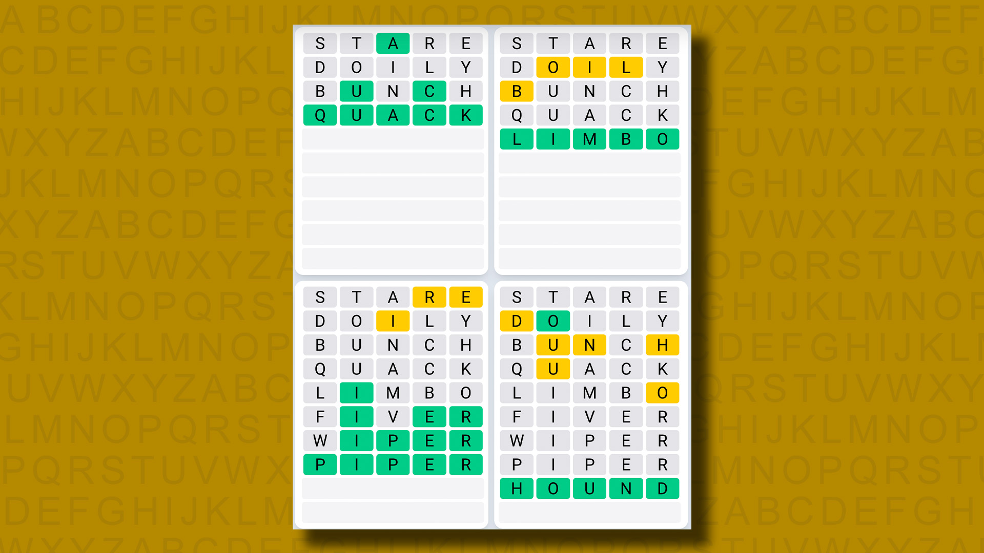 Quordle Day-to-day Sequence solutions for game 981 on a yellow background