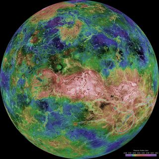 The Magellan spacecraft mapped almost the entire surface of Venus using radar. This false color image shows radar data centered at 90 degrees east longitude. The color coding represents elevation.