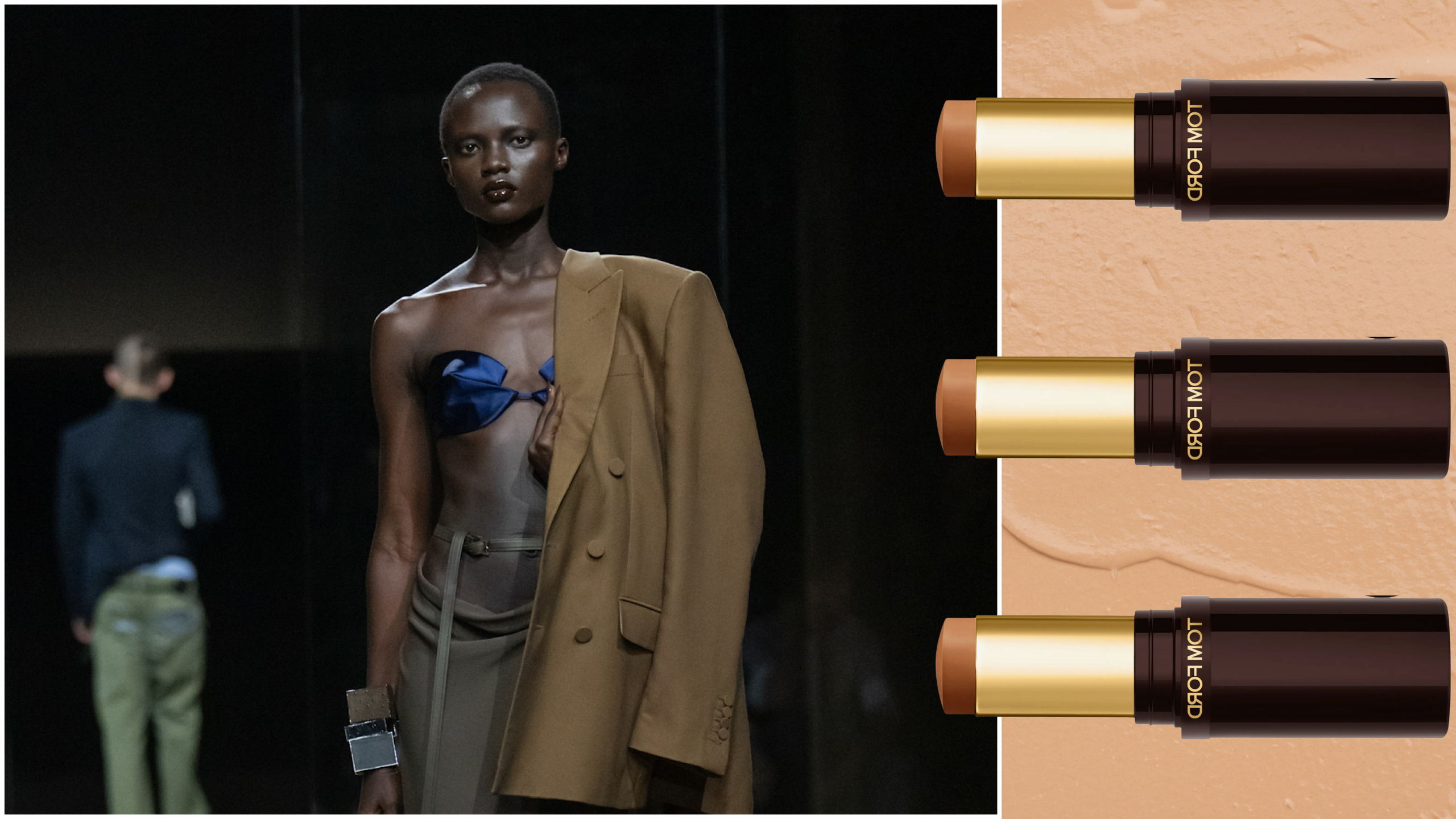 A model at the Tom Ford S/S '27 show next to three tubes of the new Tom Ford Stick Foundation. 